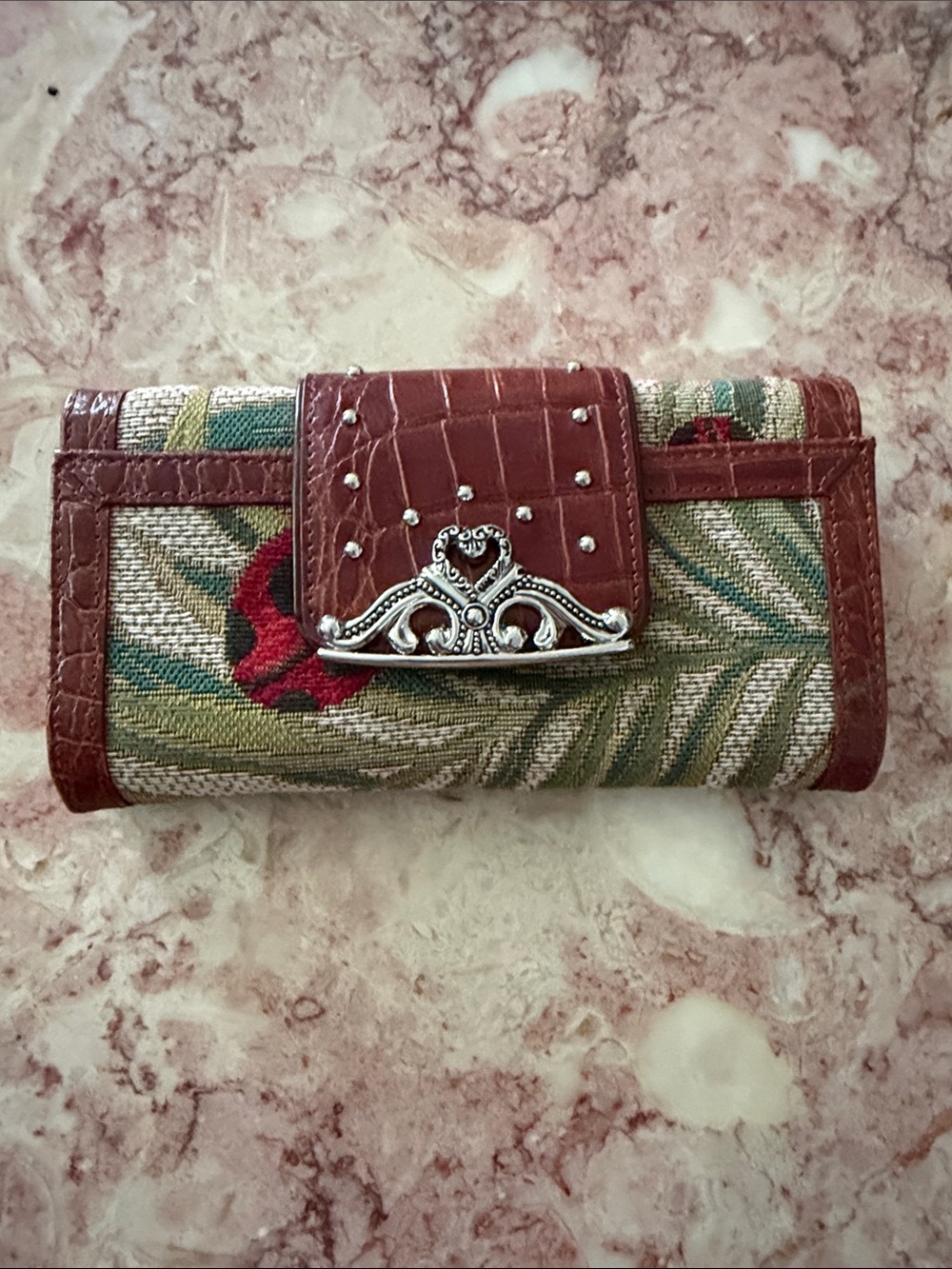 Floral Tapestry Trifold Wallet with Brown Faux-Croc Trim